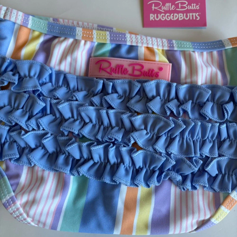 Rufflebutts Infant Girls 12-18M Rainbow‎ Lane Stripe One Shoulder Ruffle Tankini